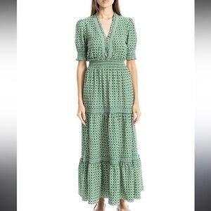 Max Studio Short Sleeve Patterned Green Midi Dress NEW